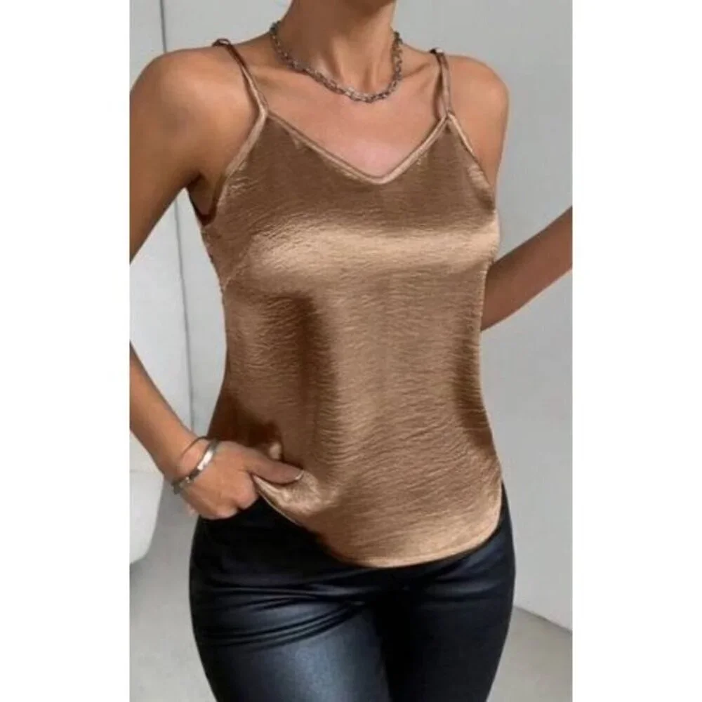 Chic Coffee Brown Solid Color Glossy Camisole Top - Picture 1 of 7